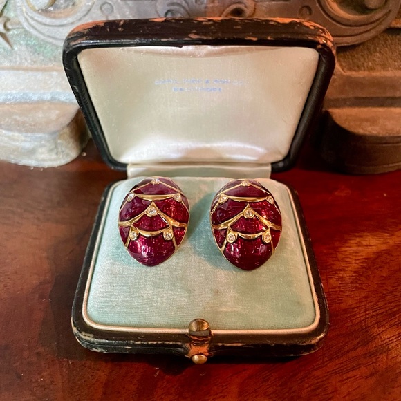 Vintage Joan Rivers Red & Green Enamel Rhinestone Egg Post Earrings x 2 Pairs - Picture 4 of 8